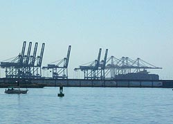 [photo, Seven post-Panamax and four super-post-Panamax cranes, Seagirt Marine Terminal, Port of Baltimore, Baltimore, Maryland]